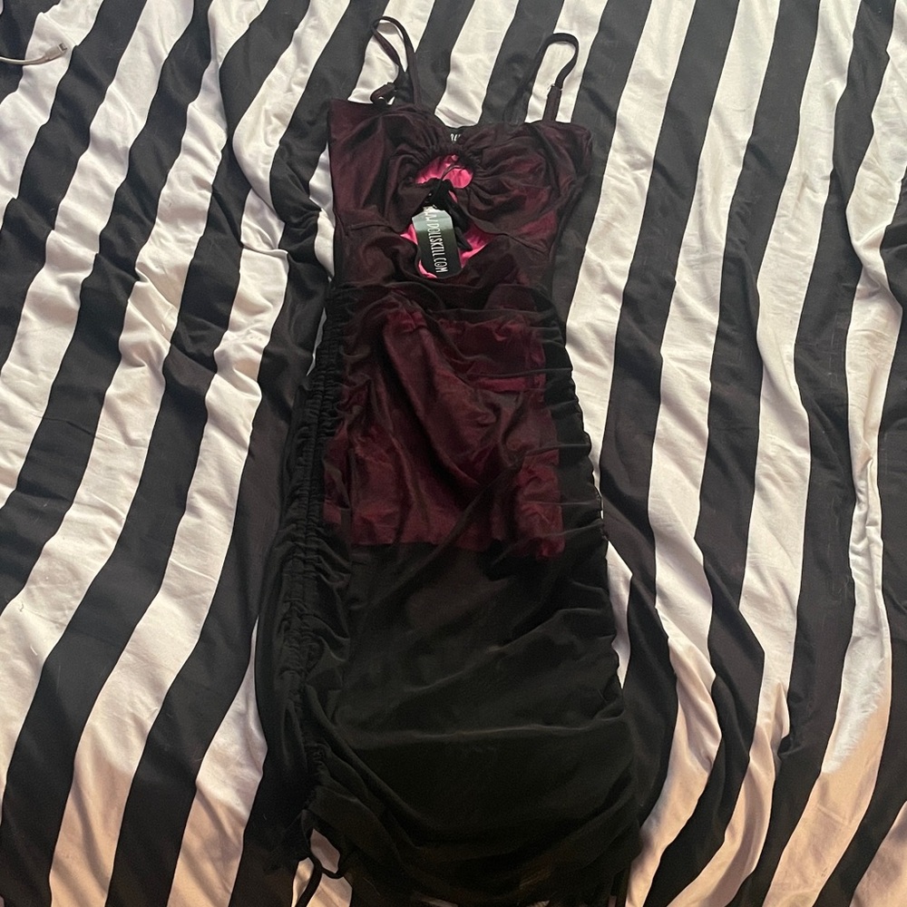 Dolls Kill hot pink and black cut out mesh overlay dress